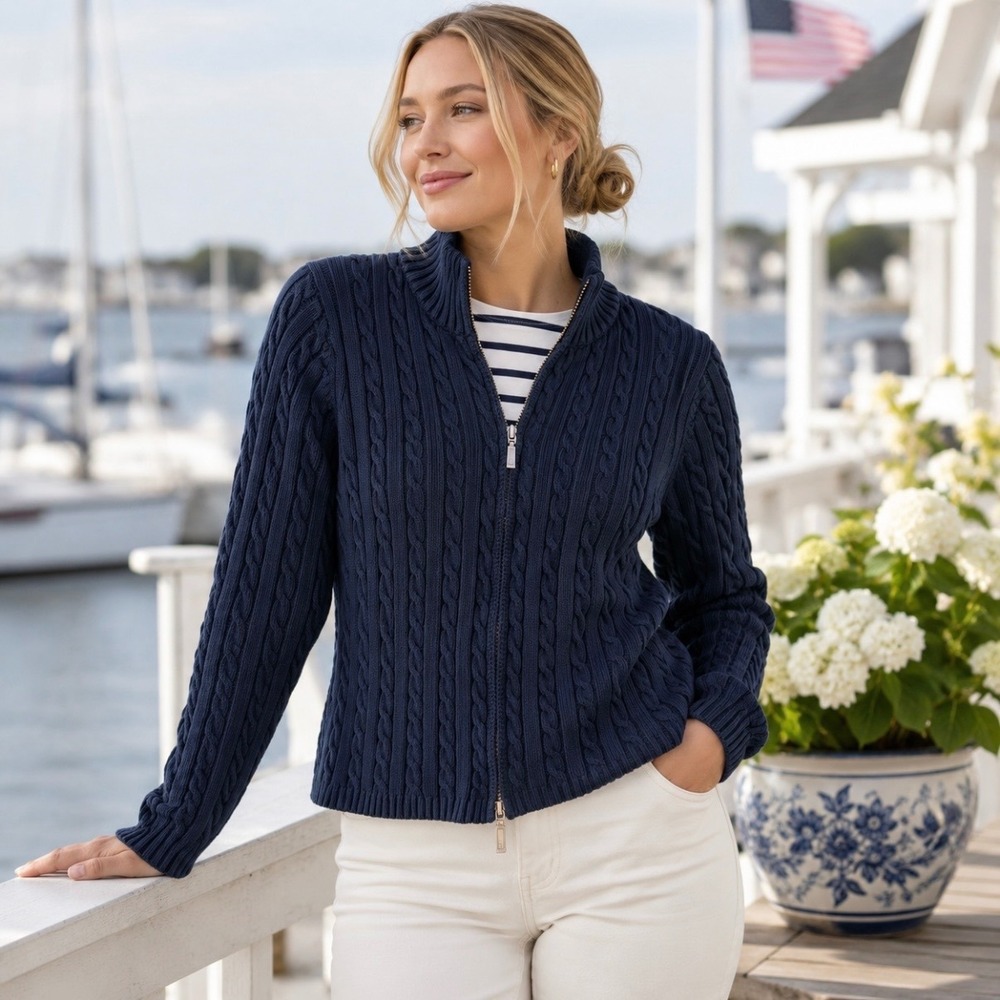 VTG LL Bean Full Zip Cable Knit Cardigan M Reg Cotton Sweater Navy Blue Coastal